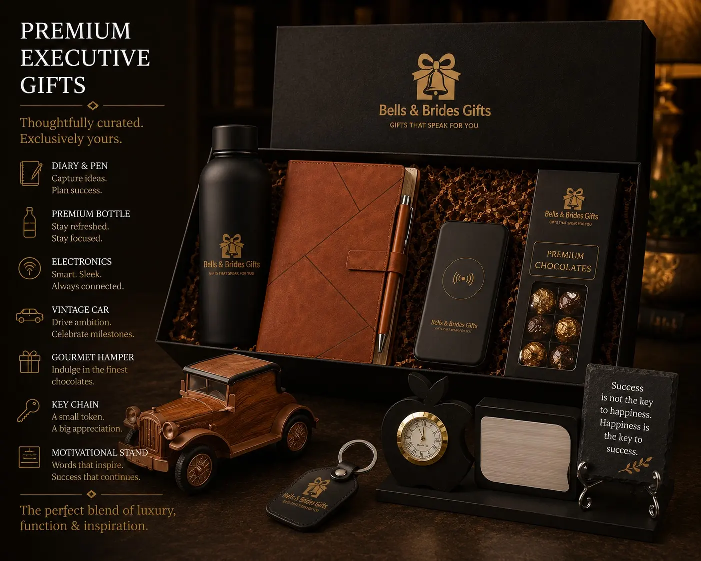 Premium executive gift box with leather diary, insulated bottle, wooden car, keychain and chocolates